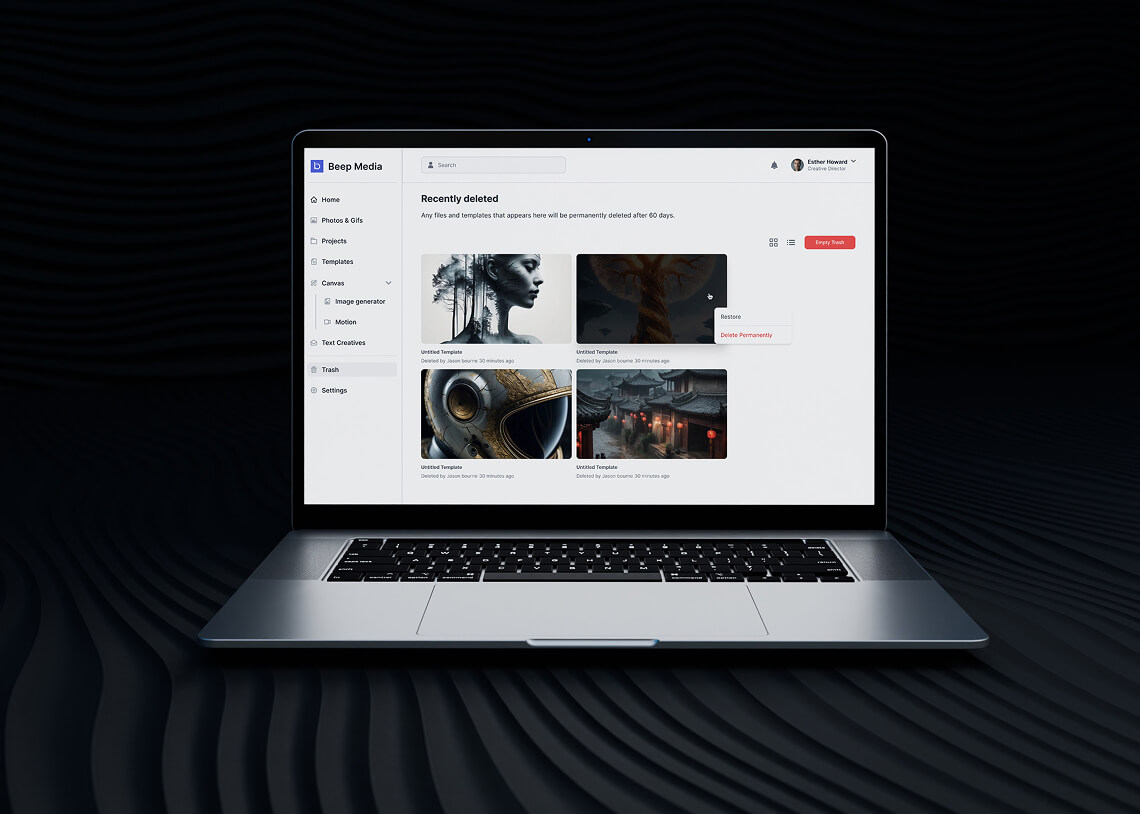 Beep Media Product showing Deleted image section in webapp