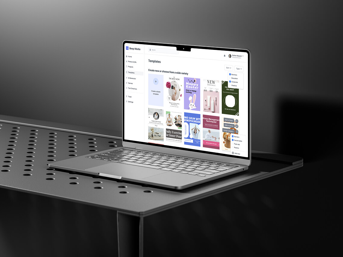 Beep Media product showing templates screen